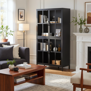 Sunvega Modern Kitchen Pantry Cabinet with Glass Doors and Adjustable Shelves for Living Room