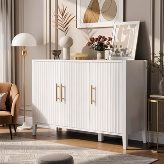 Sunvega Modern 4-Vertical Wavy Slatted Doors Sideboard with Solid Wood Legs and Metal Handles for Dining Room