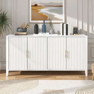 Sunvega Modern 4-Vertical Wavy Slatted Doors Sideboard with Solid Wood Legs and Metal Handles for Dining Room