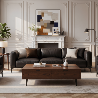 Sunvega Modern 4-Vertical Wavy Slatted Doors Sideboard with Solid Wood Legs and Metal Handles for Dining Room