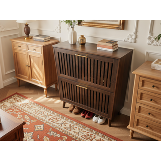 Sunvega Walnut Farmhouse Buffet Cabinet with Louvered Doors and Adjustable Shelves