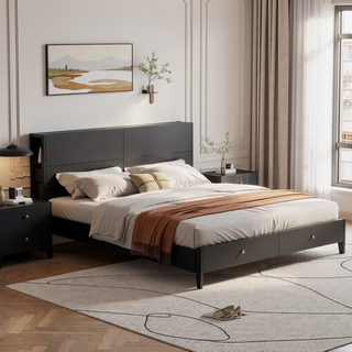 Sunvega Modern 4-Vertical Wavy Slatted Doors Sideboard with Solid Wood Legs and Metal Handles for Dining Room