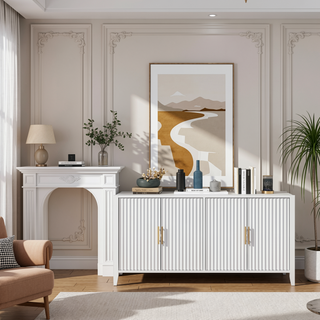 Sunvega Modern 4-Vertical Wavy Slatted Doors Sideboard with Solid Wood Legs and Metal Handles for Dining Room