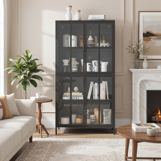 Sunvega Modern Kitchen Pantry Cabinet with Glass Doors and Adjustable Shelves for Living Room
