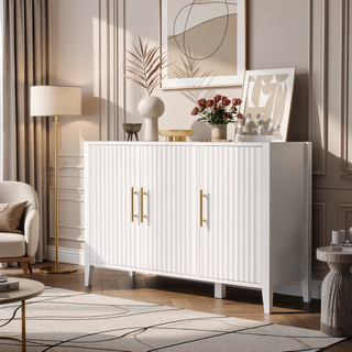 Sunvega Modern 4-Vertical Wavy Slatted Doors Sideboard with Solid Wood Legs and Metal Handles for Dining Room