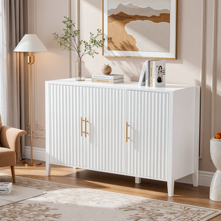Sunvega Modern 4-Vertical Wavy Slatted Doors Sideboard with Solid Wood Legs and Metal Handles for Dining Room