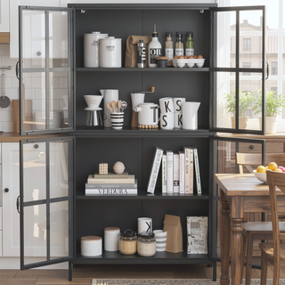 Sunvega Modern Kitchen Pantry Cabinet with Glass Doors and Adjustable Shelves for Living Room