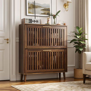 Sunvega Walnut Farmhouse Buffet Cabinet with Louvered Doors and Adjustable Shelves