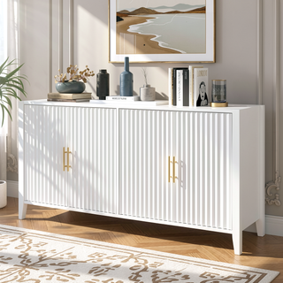 Sunvega Modern 4-Vertical Wavy Slatted Doors Sideboard with Solid Wood Legs and Metal Handles for Dining Room