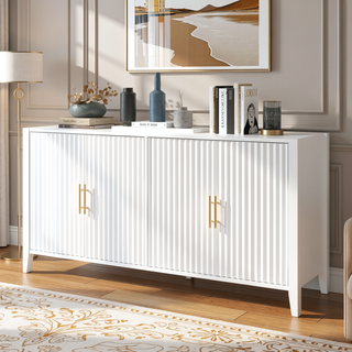 Sunvega Modern 4-Vertical Wavy Slatted Doors Sideboard with Solid Wood Legs and Metal Handles for Dining Room