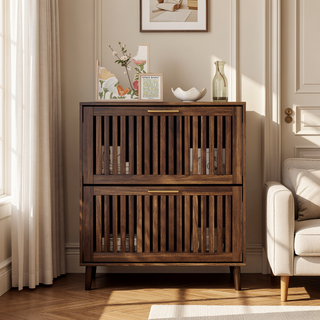Sunvega Walnut Farmhouse Buffet Cabinet with Louvered Doors and Adjustable Shelves