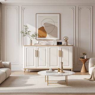 Sunvega Modern 4-Vertical Wavy Slatted Doors Sideboard with Solid Wood Legs and Metal Handles for Dining Room