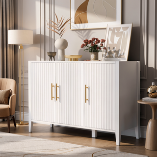 Sunvega Modern 4-Vertical Wavy Slatted Doors Sideboard with Solid Wood Legs and Metal Handles for Dining Room