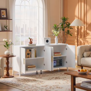 Sunvega Modern 4-Vertical Wavy Slatted Doors Sideboard with Solid Wood Legs and Metal Handles for Dining Room