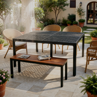 Sunvega Outdoor Modern Aluminum Dining Table with Woven Accents in Gloss Black