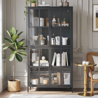 Sunvega Modern Kitchen Pantry Cabinet with Glass Doors and Adjustable Shelves for Living Room