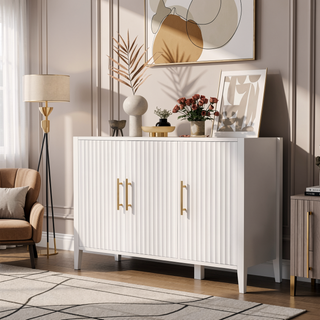Sunvega Modern 4-Vertical Wavy Slatted Doors Sideboard with Solid Wood Legs and Metal Handles for Dining Room