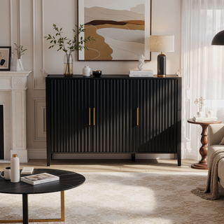 Sunvega Modern 4-Vertical Wavy Slatted Doors Sideboard with Solid Wood Legs and Metal Handles for Dining Room