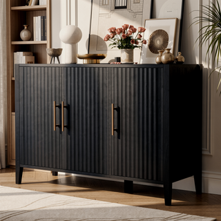 Sunvega Modern 4-Vertical Wavy Slatted Doors Sideboard with Solid Wood Legs and Metal Handles for Dining Room