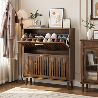 Sunvega Walnut Farmhouse Buffet Cabinet with Louvered Doors and Adjustable Shelves