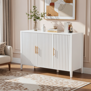 Sunvega Modern 4-Vertical Wavy Slatted Doors Sideboard with Solid Wood Legs and Metal Handles for Dining Room