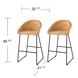 Sunvega Water Hyacinth Bar Stools 2pc Set with Woven Fiber Seat and Metal Footrest