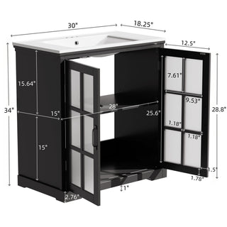 Sunvega Modern 30 Inch Bathroom Vanity with Ceramic Sink and Tempered Glass