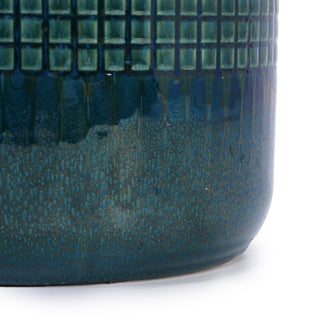 Sunvega Modern Glossy Blue Green Ceramic Planter with Grid Design for Indoor Outdoor Use