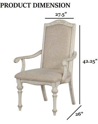 Sunvega Antique White 2pc Arm Chair with Upholstered Seat and Intricate Wood Inlay