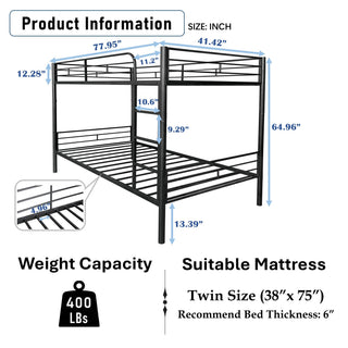 Sunvega Twin over Twin Bunk Bed with Metal Frame and Guardrails for Safety