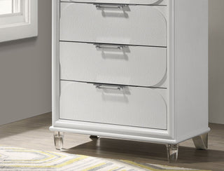 Sunvega Contemporary Glam Pearl White Nightstand with Embossed Panels and Acrylic Handles