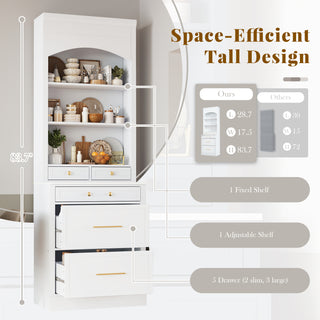 Sunvega Freestanding Tall Kitchen Pantry Cabinet with Faux Marble Top and 5 Storage Drawers