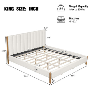 Sunvega King Size Bed Frame with Boucle Upholstered Headboard and Solid Wood Legs