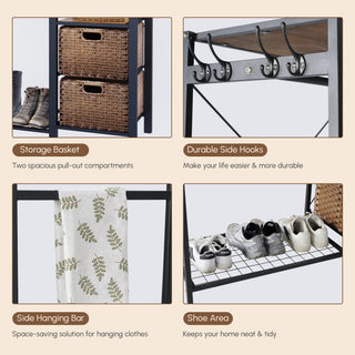 Sunvega Acacia Wood Garment Rack with Shelves 2 Wicker Drawers and 4 Hooks