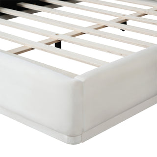 Sunvega Upholstered Bed with Padded Headboard and Wooden Slat Frame in White