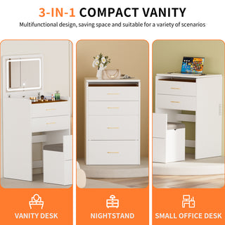 Sunvega White Glass Top Vanity Desk with 10 Drawers and Lighted Mirror