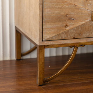 Sunvega Light Wood 6-Drawer Dresser with Geometric Relief and Gold Metal Legs