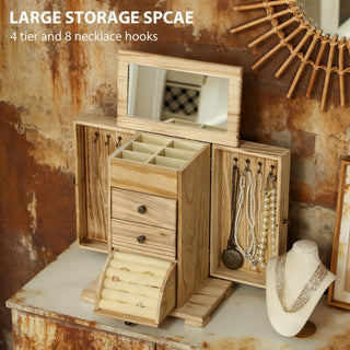 Sunvega Wooden Jewelry Box Organizer with Mirror and Drawers for Rings Earrings Necklaces