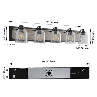 Sunvega Black and Wood Grain 5-Light Bathroom Vanity Fixture with Clear Seeded Glass Shades