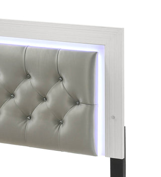 Sunvega Queen Bed with LED Light Padded Headboard in Grey and White Synthetic Leather