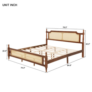 Sunvega King Pine Wooden Bed with Rattan Headboard and Footboard, Walnut