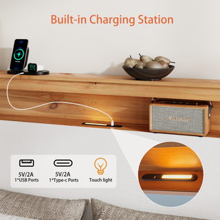 Sunvega Wooden Bed Frame with Storage Headboard and Built-in Charging Station
