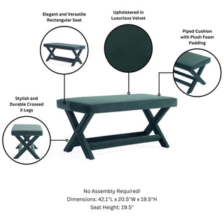Sunvega Mid-Century Modern Velvet Upholstered Accent Bench with X-Crossed Legs