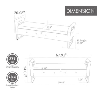 Sunvega Green Velvet Storage Soft Bench with Armrests for Living Room and Bedroom