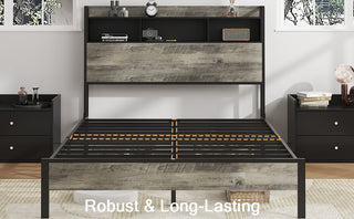 Sunvega Sturdy Single Bed Frame with Headboard Storage and Charging Station