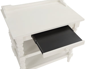 Sunvega Antique White Aria Nightstand with Pull-Out Tray and Vintage Spool Turned Legs