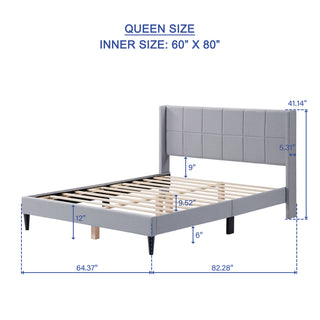 Sunvega Modern Minimalist Linen Upholstered Wingback Bed with Panel-Tufted Headboard