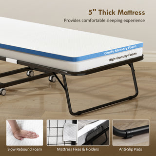 Sunvega Portable Single Size Folding Bed with Memory Foam Mattress and Steel Frame