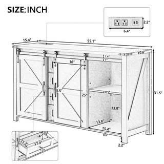 Sunvega 55.1-Inch Farmhouse Sideboard with Sliding Barn Doors and 4 Drawers