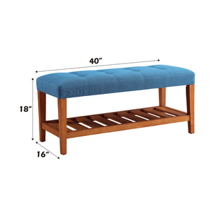 Sunvega Light Blue Fabric Upholstered Tufted Bench with Oak Finish Wooden Legs